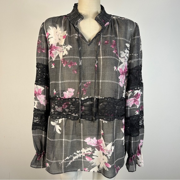 DKNY Black and Pink Floral Plaid Blouse - Picture 1 of 10